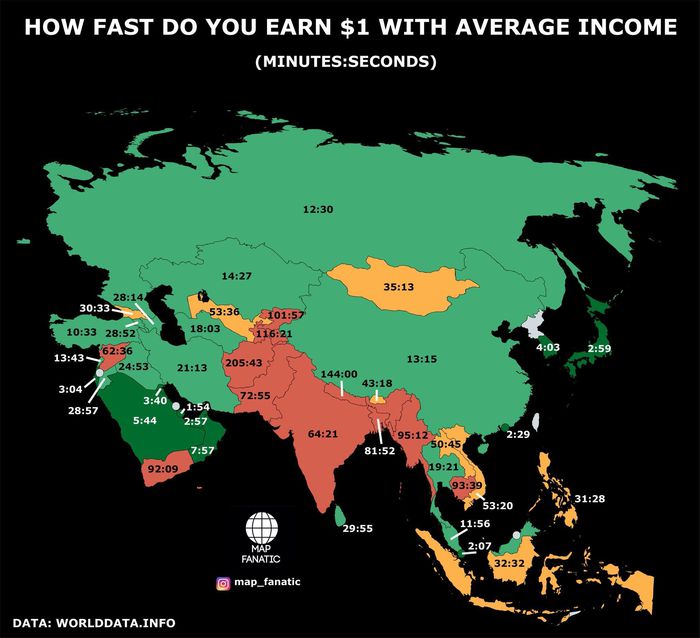 1ドル稼ぐのに必要な時間をアジア諸国に当てはめるとこうなるらしい