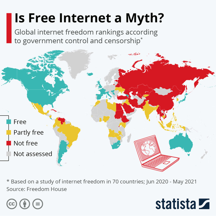 「ネットに自由がある国」を示した世界地図がこちら