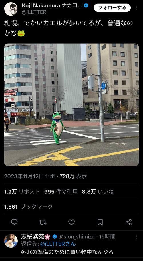 札幌でカエルが道を歩いているとの報告🐸