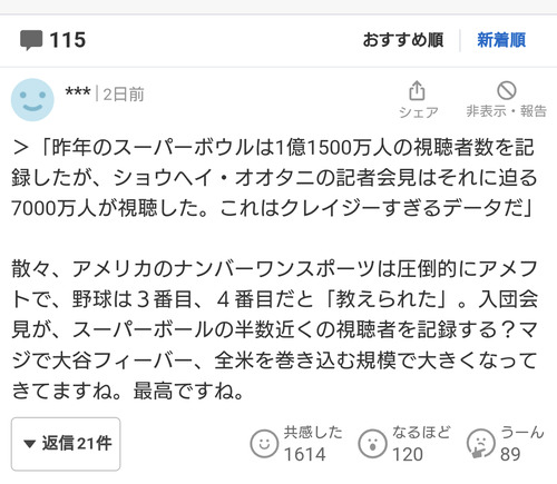 日本のマスコミ「大谷翔平入団記者会見の視聴者数は7000万人！！」→ 実際は4万8000人だった