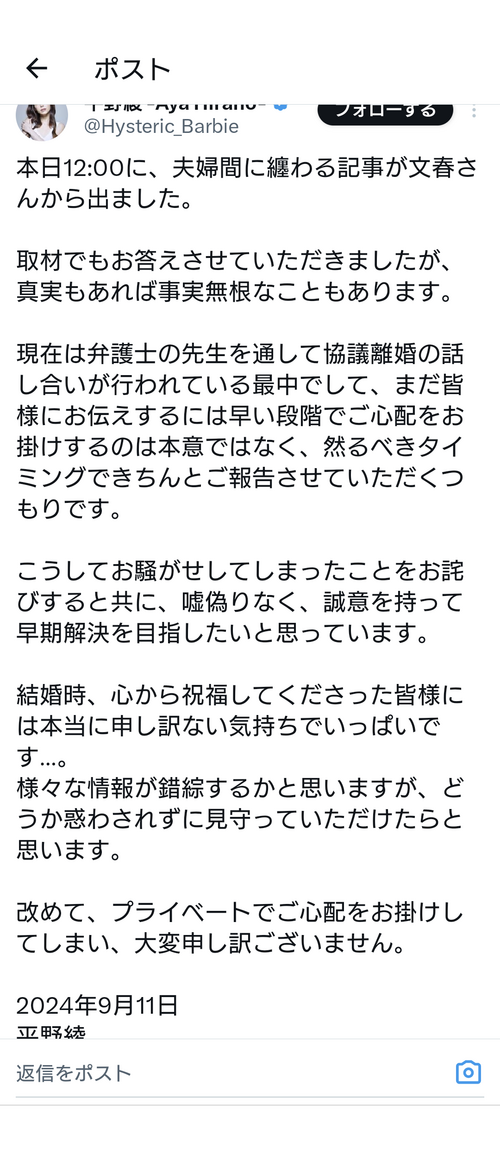 今年1月3日に結婚した平野綾さん、離婚へ